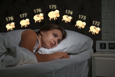 Image of Young woman trying to fall asleep counting sheep in bed at night