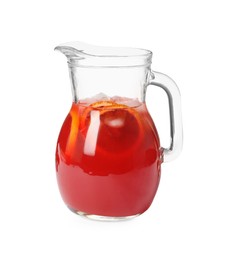 Tasty sicilian orange juice with ice cubes in glass jug on white background