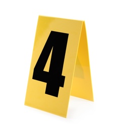Yellow crime scene marker with number four on white background