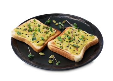 Delicious sandwiches with guacamole, microgreens and seeds on white background