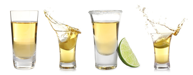 Set of Mexican Tequila shots on white background