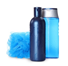 Shampoo, shower gel and bast wisp isolated on white. Men's cosmetics