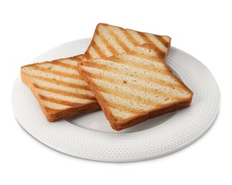 Plate with slices of delicious toasted bread on white background