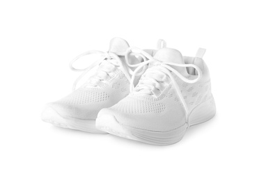 Photo of Stylish sport shoes on white background. Trendy footwear
