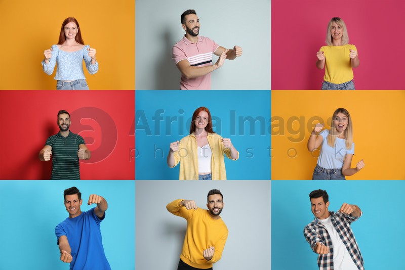 People pretending to drive car on different color backgrounds, collage 