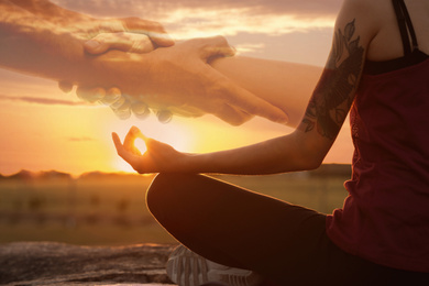 Double exposure of woman meditating and hands reaching each other outdoors at sunset, closeup. Yoga helping in daily life: harmony of mind, body, and soul
