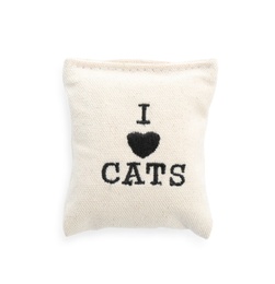 Small pillow with mint and phrase I LOVE CATS on white background, top view. Pet accessory