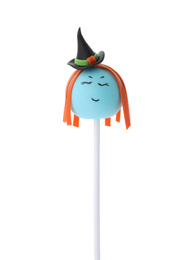 Delicious witch cake pop isolated on white. Halloween holiday