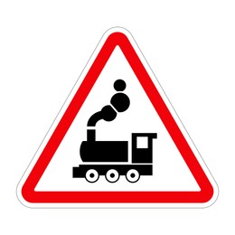 Traffic sign LEVEL CROSSING WITHOUT BARRIER AHEAD on white background, illustration 