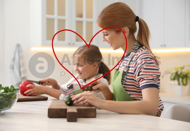 Illustration of red heart and happy mother with daughter cooking salad together in kitchen