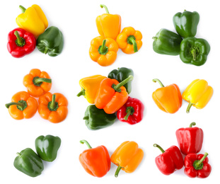 Set of different ripe bell peppers on white background, top view