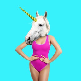 Modern art collage. Woman with unicorn's head on turquoise background