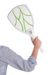 Photo of Woman with electric fly swatter on white background, closeup. Insect killer