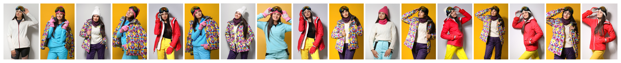 Collage of people wearing winter sports clothes on color backgrounds. Banner design 