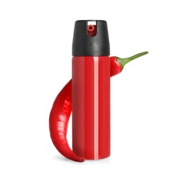 Image of Bottle of pepper spray and red hot chilli on white background