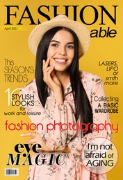 Fashion magazine cover design. Young woman wearing floral print dress and straw hat on yellow background