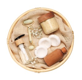 Spa gift set with personal products isolated on white, top view