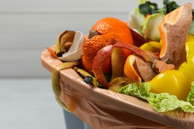 Trash bin with organic waste for composting on light background, closeup