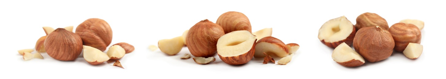 Image of Set with tasty hazelnuts on white background. Banner design