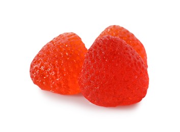 Delicious gummy strawberry candies on white background