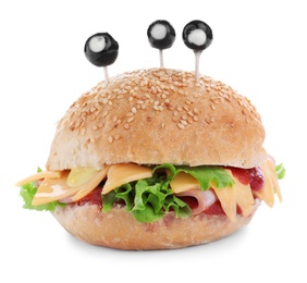 Cute monster burger on white background. Halloween party food