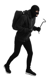Photo of Man wearing black balaclava with backpack and crowbar on white background