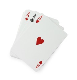 Three aces playing cards on white background, top view