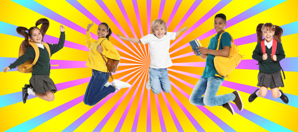 Collage with photos of jumping kids on colorful background, banner design. School holidays