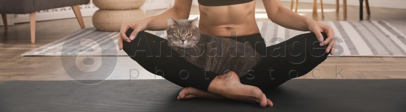 Image of Woman with cat practicing yoga at home. Horizontal banner design 
