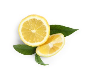 Fresh ripe lemons with leaves on white background, top view