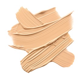 Samples of liquid skin foundations on white background, top view