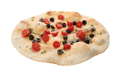 Traditional Italian focaccia bread with olives, cheese, tomatoes and thyme isolated on white