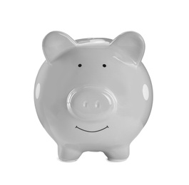 Grey piggy bank on white background. Money saving