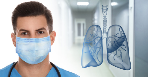 Pulmonology treating respiratory diseases - bronchitis, tuberculosis, asthma, emphysema, pneumonia and chest infection. Physician and lungs illustration against blurred hospital, banner design 