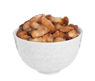 Photo of Tasty fried cracklings in bowl on white background. Cooked pork lard
