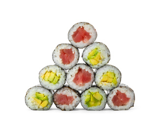 Different delicious sushi rolls on white background