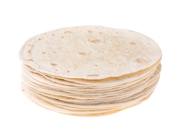 Stack of corn tortillas on white background. Unleavened bread