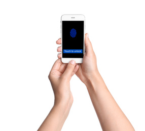 Woman with smartphone scanning fingerprint on white background, closeup. Digital identity