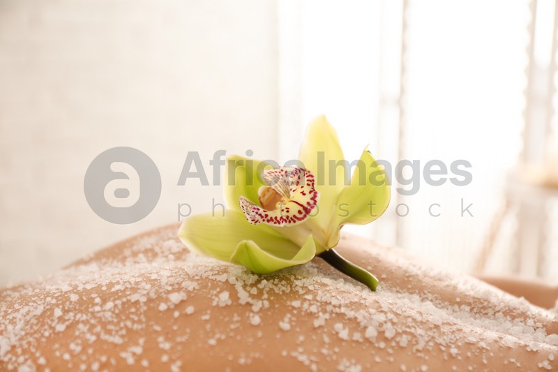 Photo of Young woman having body scrubbing procedure with sea salt in spa salon, closeup
