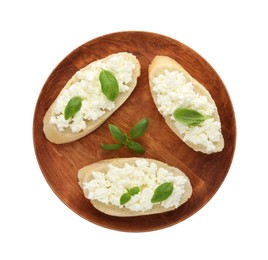Photo of Bread with cottage cheese and basil isolated on white, top view