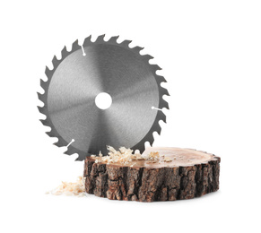 Wooden cut with saw disk isolated on white. Carpenter's tool