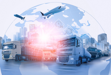 Image of Logistics concept. Multiple exposure of different transports and world globe, toned in blue  