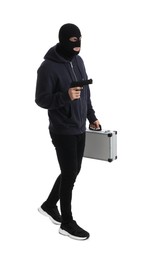 Photo of Man wearing black balaclava with metal briefcase and gun on white background