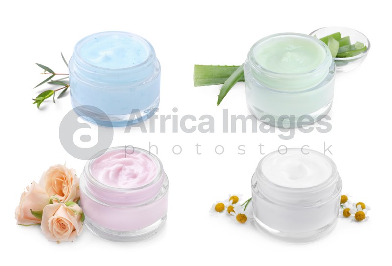 Set with jars of body cream on white background 