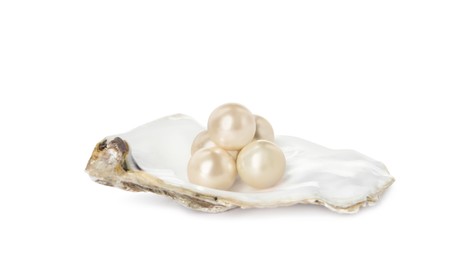 Oyster shell with pearls on white background
