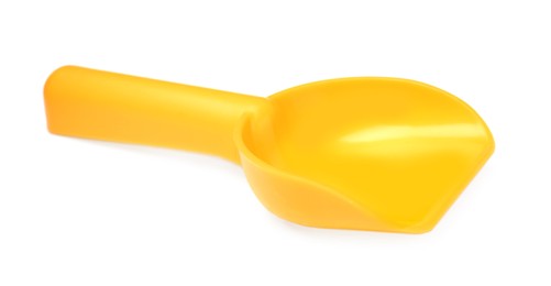 Yellow plastic toy shovel isolated on white