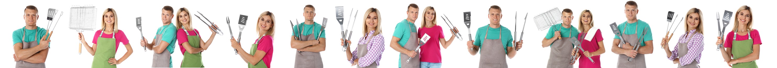 Collage with photos of man and woman holding barbecue utensils on white background. Banner design