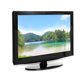 Image of Modern plasma TV with landscape on screen against white background