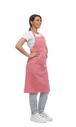 Photo of Young woman in red striped apron on white background