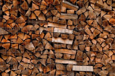 Stacked firewood as background. Heating house in winter
